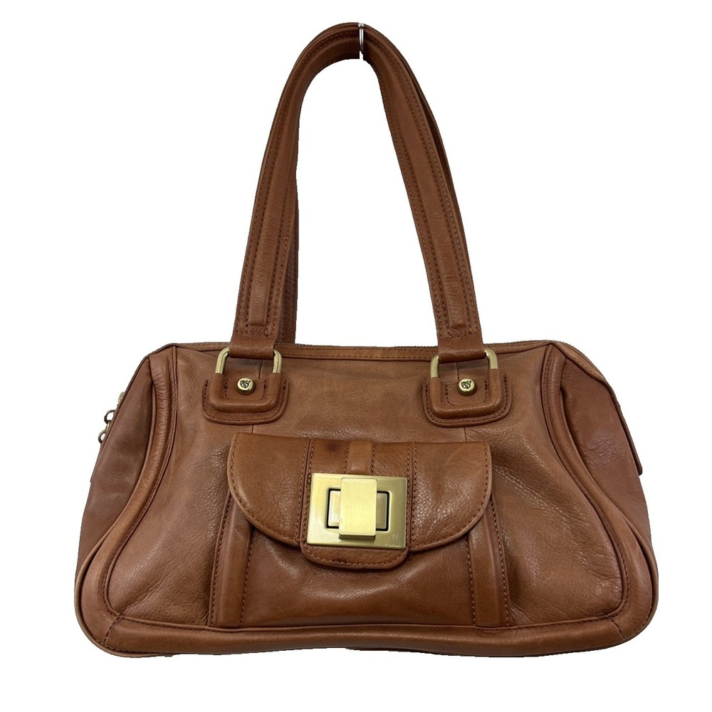 Allison Scott Leather Shoulder Bag Satchel Cognac Brown Pockets
